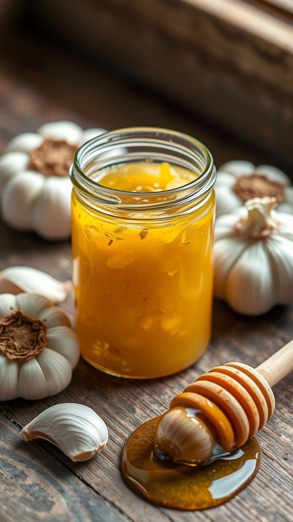 A jar of garlic and honey remedy with garlic cloves and a honey dipper on a wooden table.